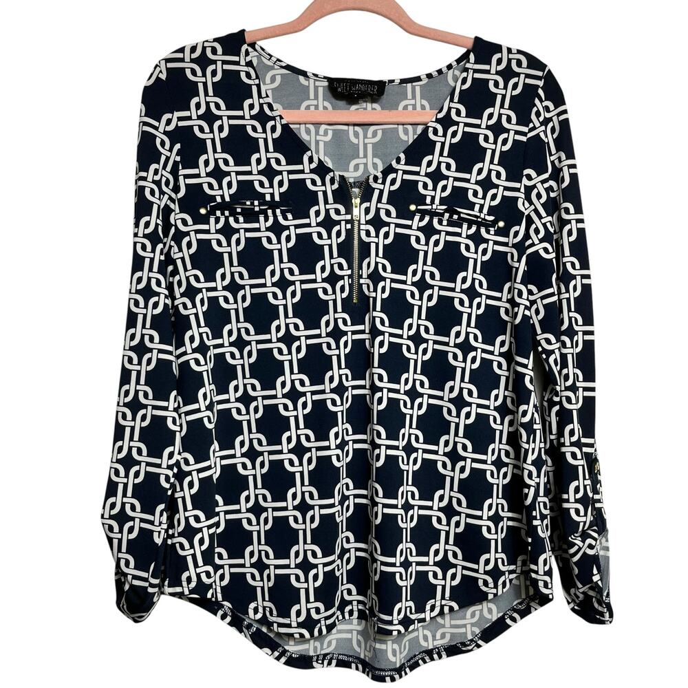 2/$15 Sweet Wanderer Navy‎ Geometric Print Blouse - Size M (2896)